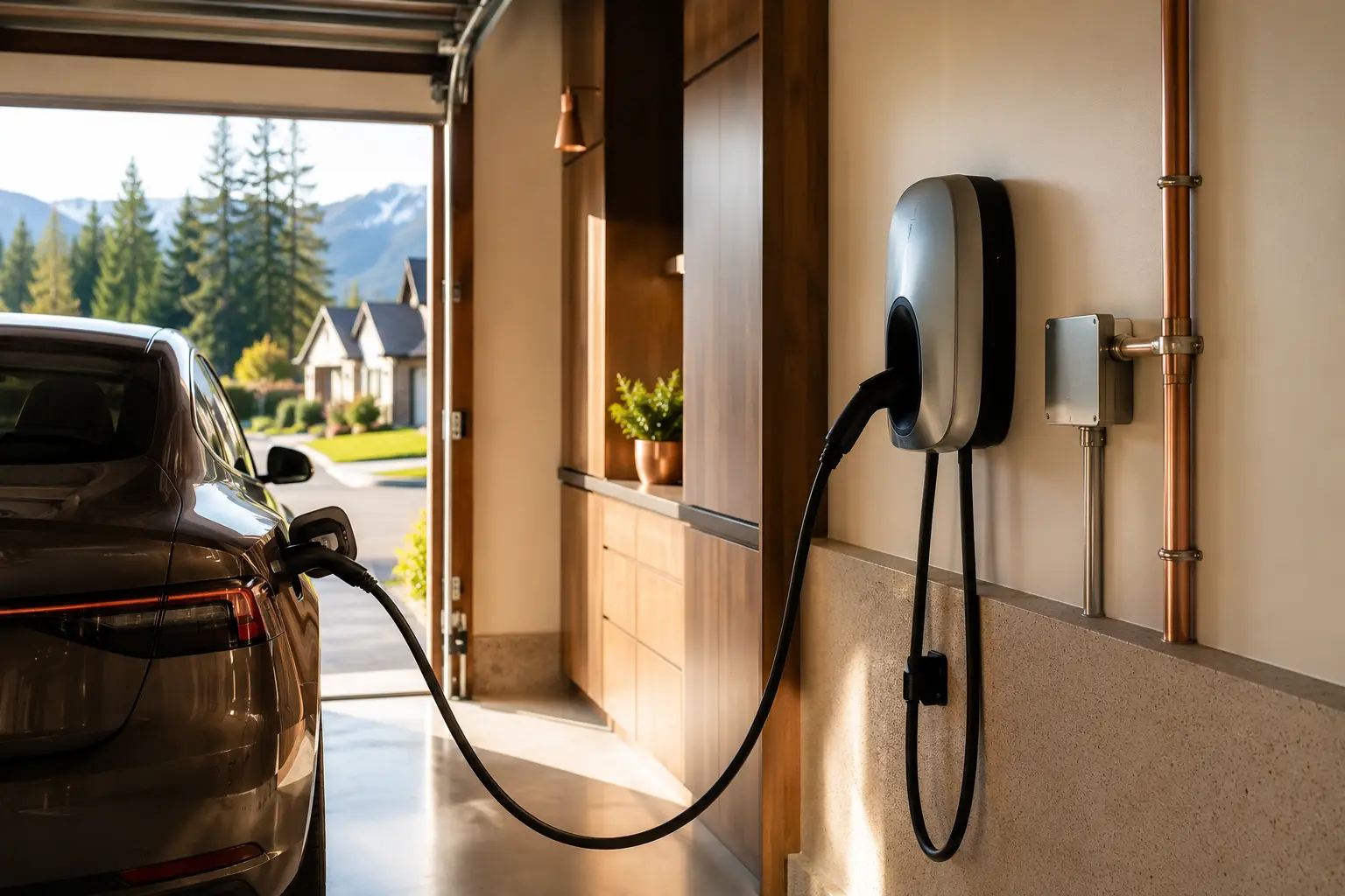 A home EV charger installed in a clean garage