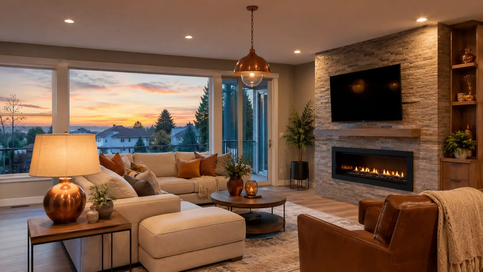 Warm pot lights glowing in a tidy living room