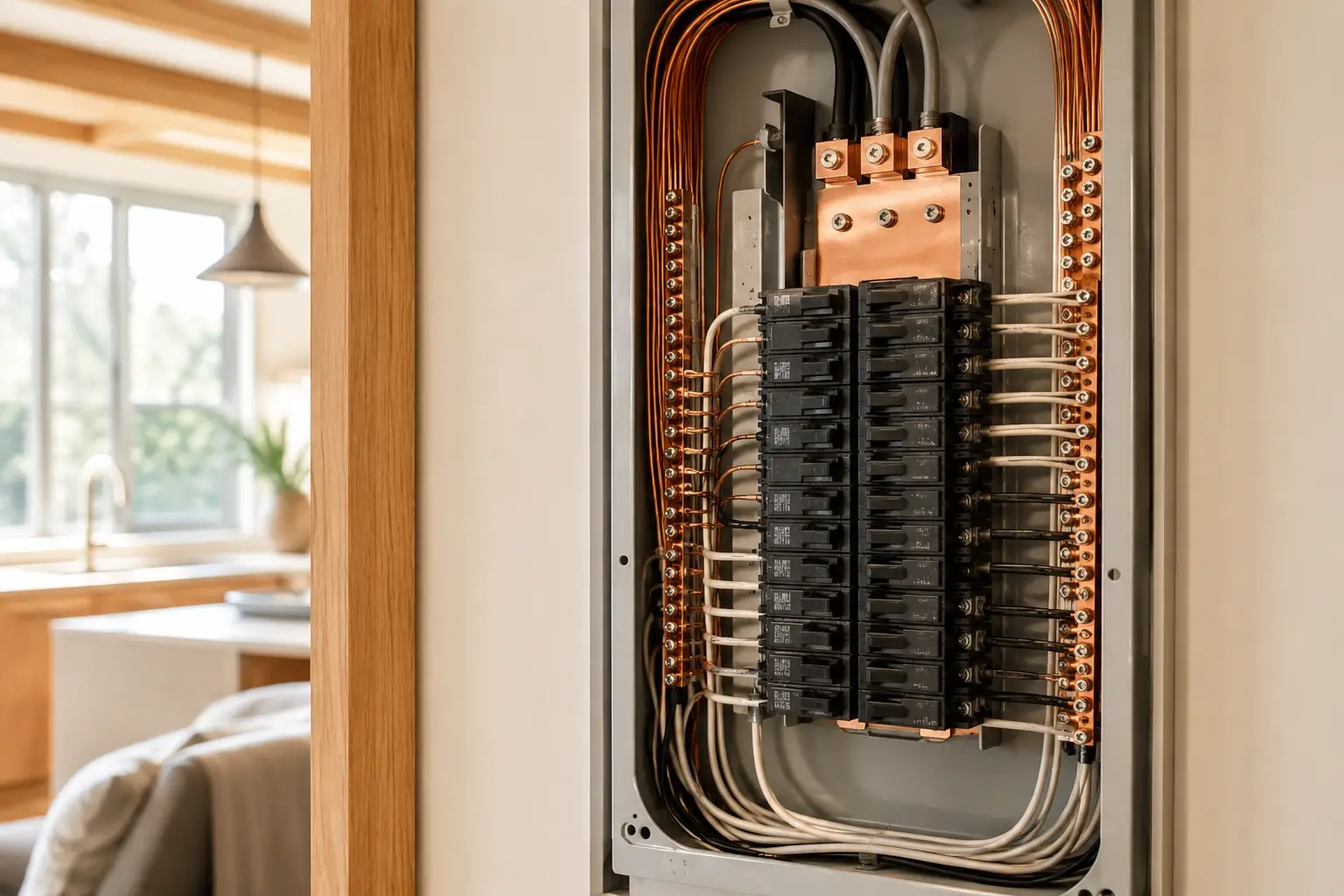 A tidy, freshly installed residential electrical panel